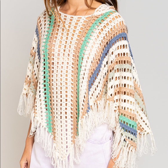 POL CLOTHING Bikini cover up crochet style fringe hoodie stripe cream sweater - Picture 8 of 10